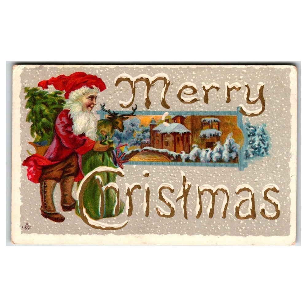 1913 Antique Embossed Santa & Reindeer Christmas Postcard Mills, CA Postmark